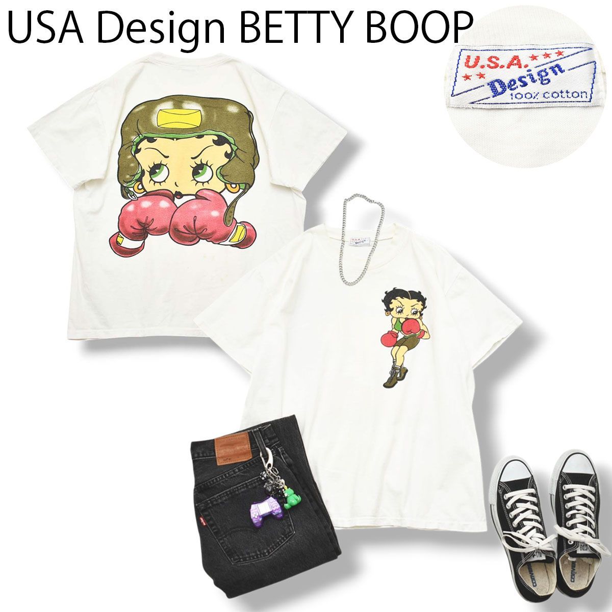 90s ヴィンテージ USA Design BETTY BOOP ベティーブープ ベティーちゃん ボクサー ボクシング キャラクター プリント シングルステッチ Tシャツ L相当 ホワイト メンズ