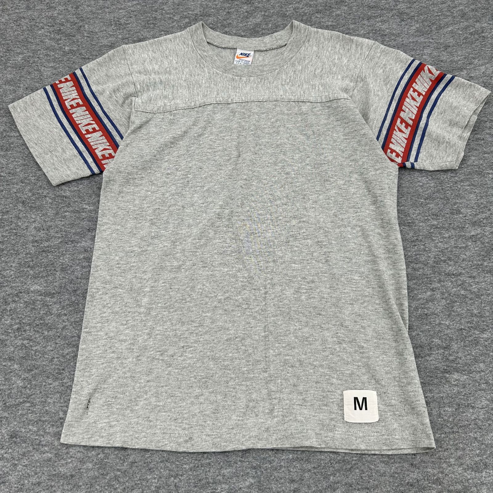 80s USA製 NIKE 袖ロゴ フットボールTシャツ グレー 紺タグ ヴィンテージ