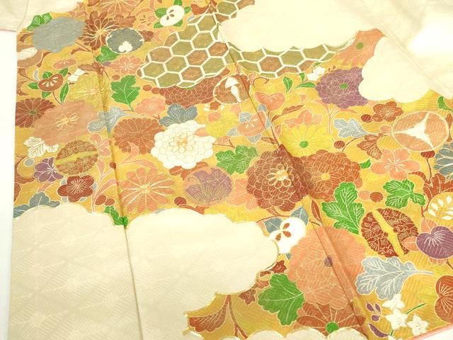 平和屋着物▽豪華振袖 駒刺繍 亀甲双蝶花文 金彩 金通し地 正絹 逸品