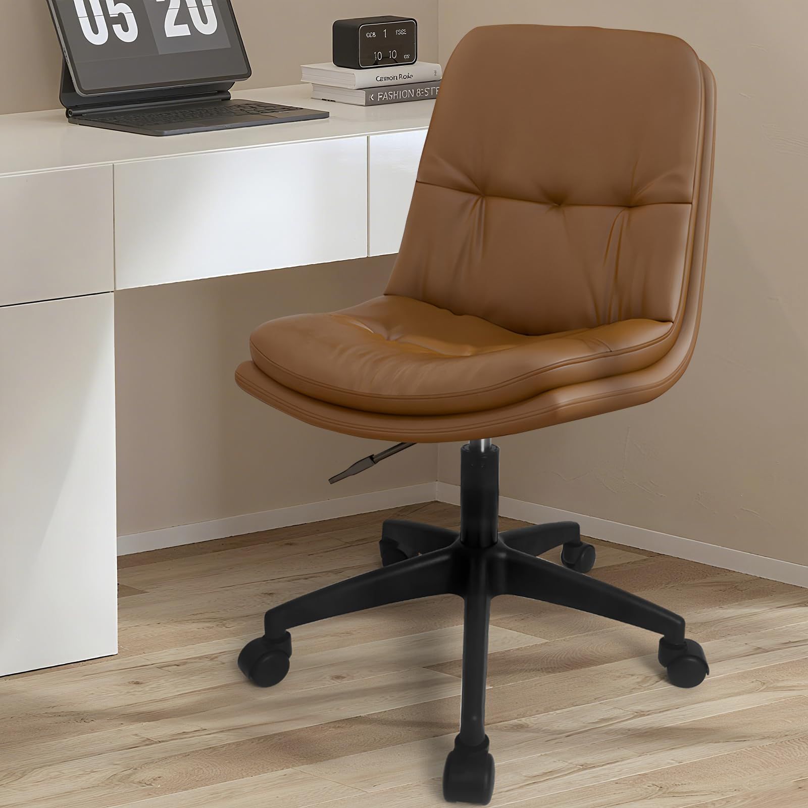 デスクチェア オフィスチェア 昇降機能付き 360度回転 PUレザー パソコンチェア chair 背もたれ 厚手クッション コンパクト 座面奥行き約40cm 静音キャスター 勉強 学習椅子 仕事 テレワーク 在宅勤務 ブラウンｍａ