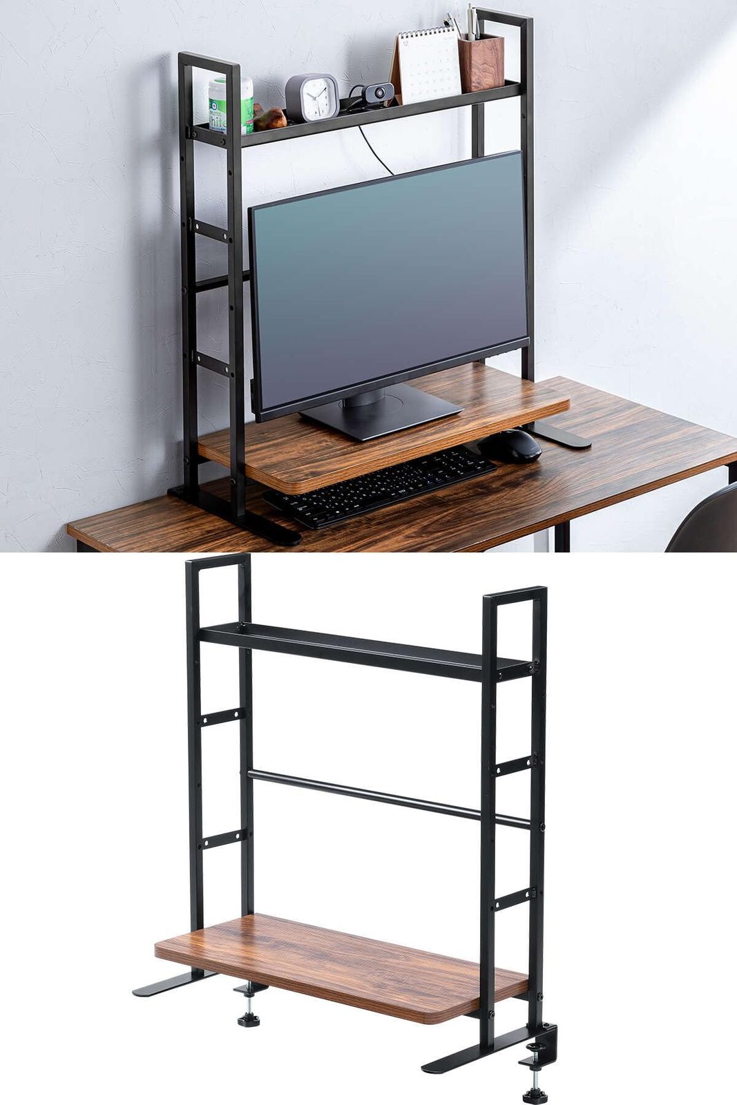 サンワダイレクト机上ラック 幅62.5cm クランプ式 2段 高さ調整可能 モニター台 後付け 棚 ラック 卓上 木目調 ブラウン 100-MR211Mｍａ