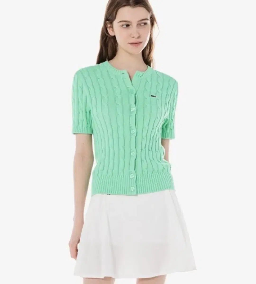 ヒョンジェ(HYUNJAE)全サイト完売)LACOSTE レディース ケーブル 半袖 ニット カーディガン アップルグリーン