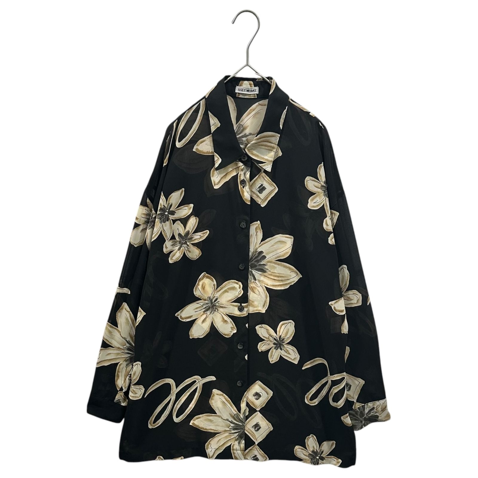 ISSEY MIYAKE(イッセイミヤケ) 1993SS Large Ink Wash Flower Print Sheer Shirt 大輪の水墨花 シアー シャツ IM91-JF343 M ブラック 90's 90年代 メンズ着用可