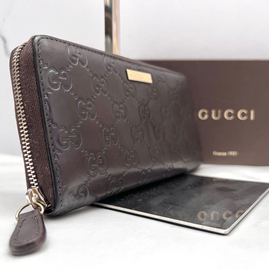 ◇美品◇グッチ シマレザー ロゴプレート 長財布 ダークブラウン