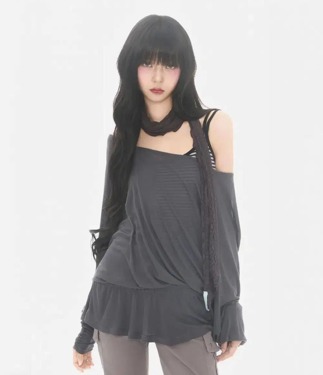 ミレコ SHEER OFF-SHOULDER SLEEVE CHARCOAL