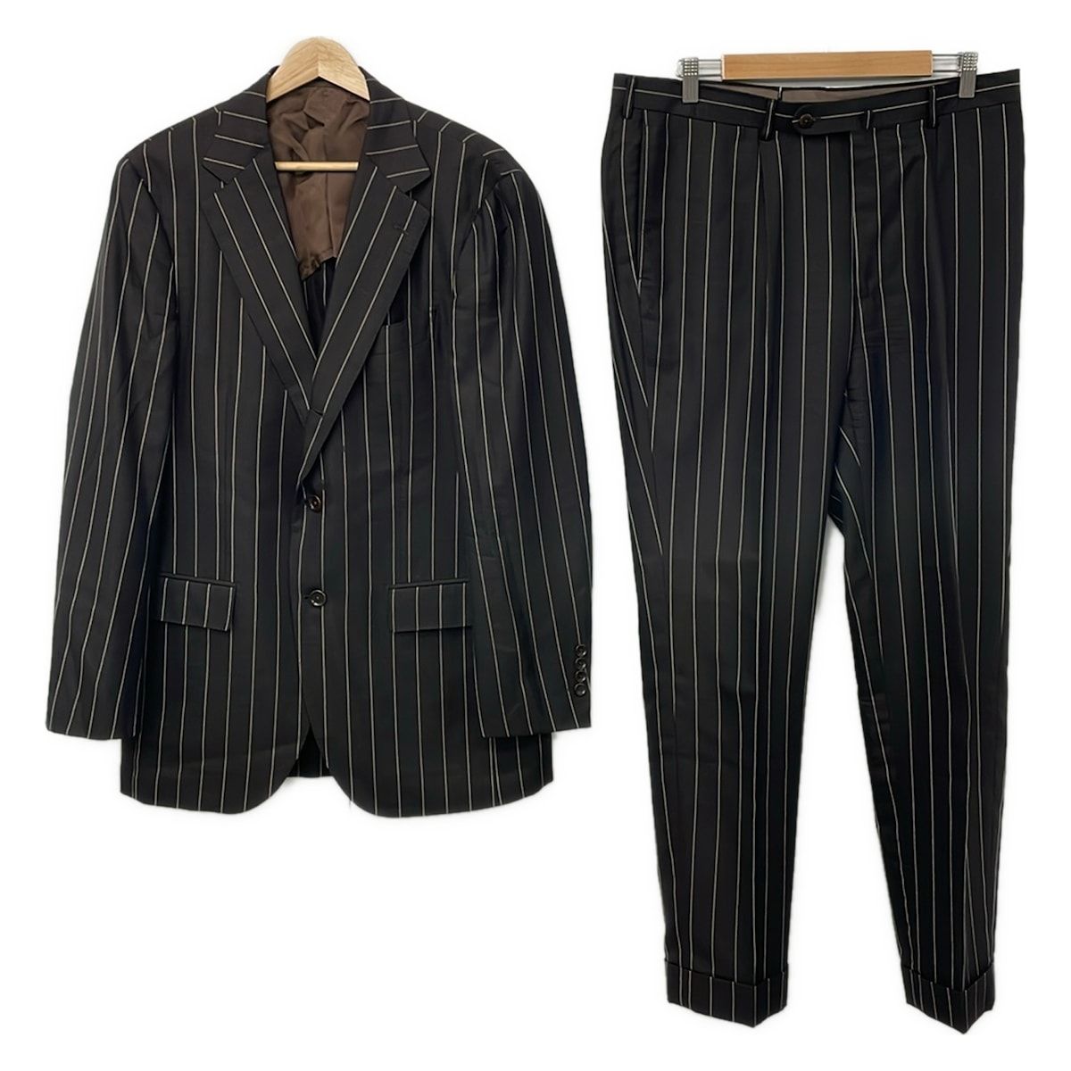 BEAMS F(ビームスエフ) メンズセットアップ メンズ美品 - BFB-20105-1 ダークブラウン×白 ストライプ/背抜き/２B ウール、シルク