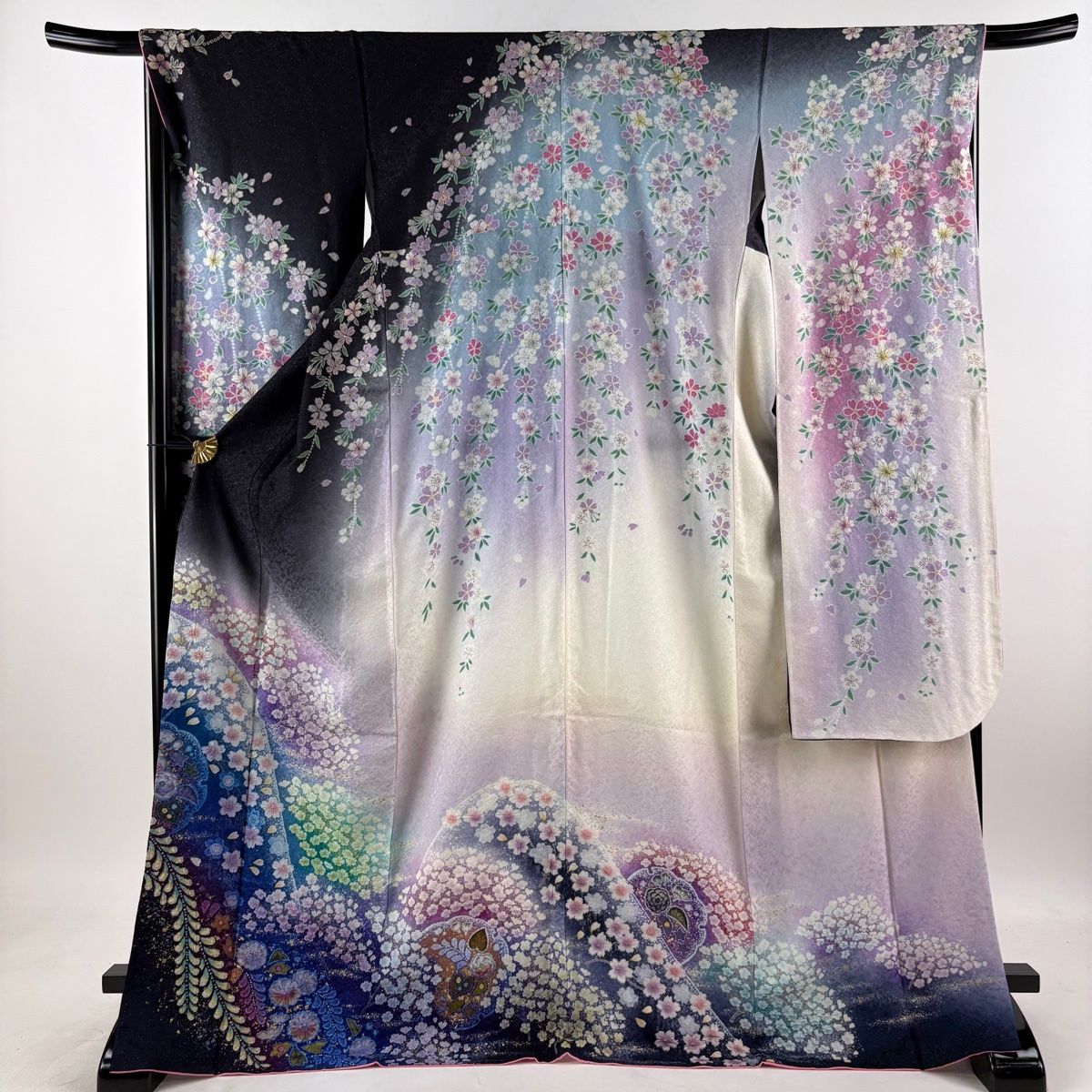 美品】 振袖 身丈173.5cm 裄丈67.5cm L 袷 袋帯フルセット 雪輪 桜 銀