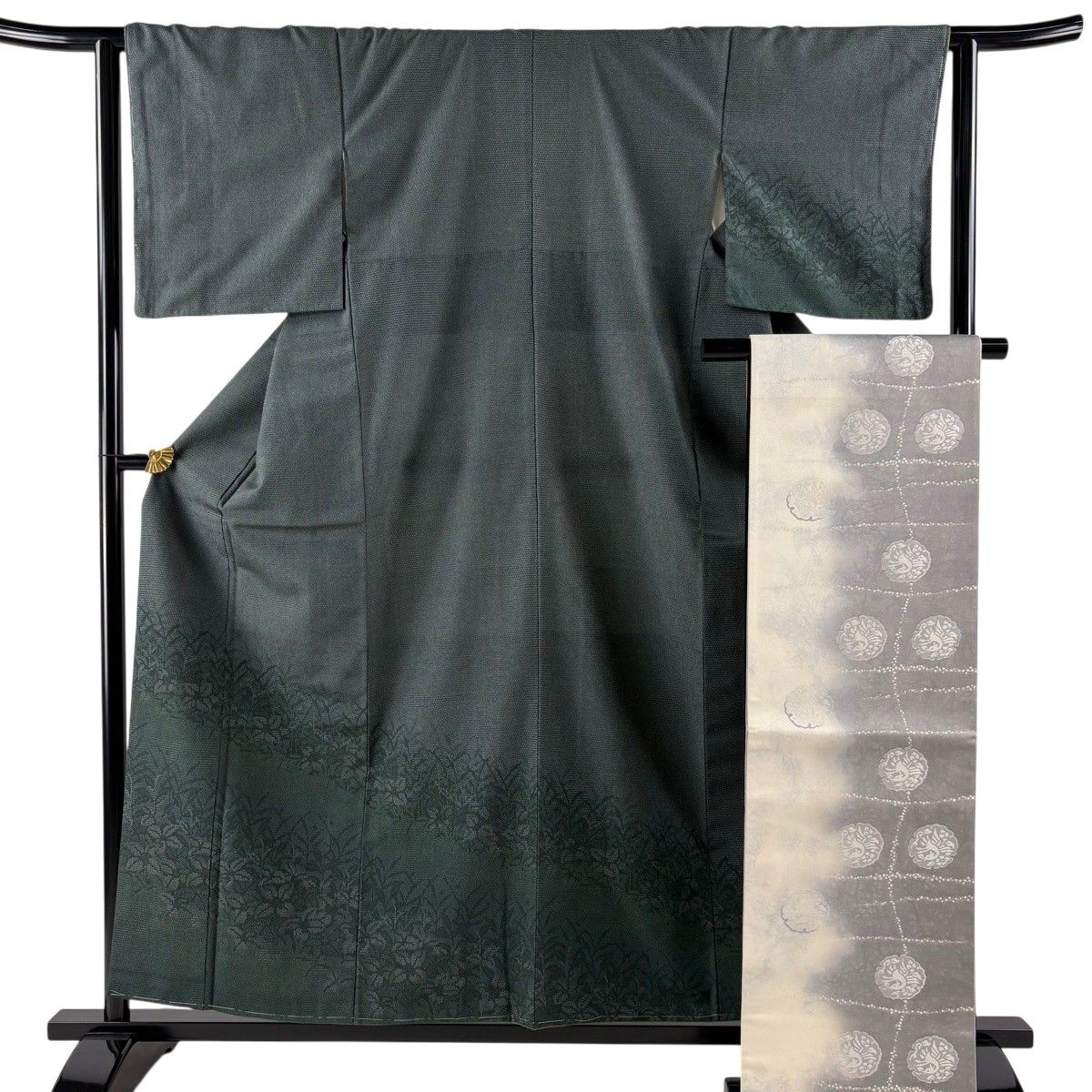 【美品】 付下げ 身丈157.5cm 裄丈62.5cm S 袷 袋帯セット お召地 草花 亀甲絣 深緑 正絹 秀品 【中古】