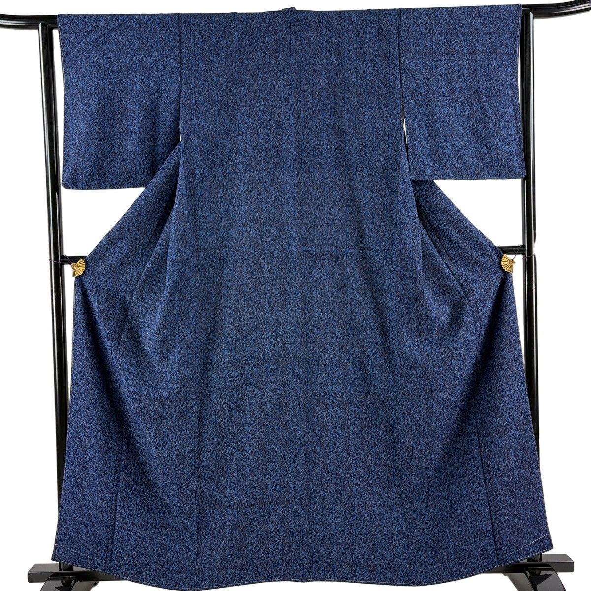 【美品】 小紋 身丈161cm 裄丈61cm S 袷 縦縞 花鳥 藍色 正絹 逸品 【中古】