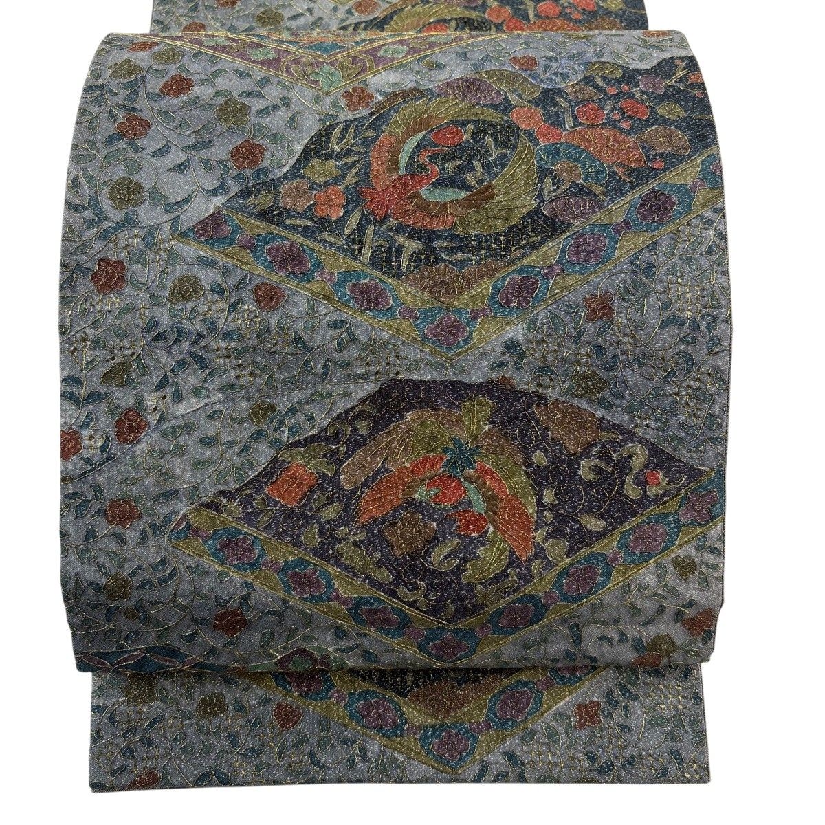 【美品】 袋帯 逸品 夏帯 鳳凰 華文 刺繍 金糸 青灰色 全通 正絹 【中古】