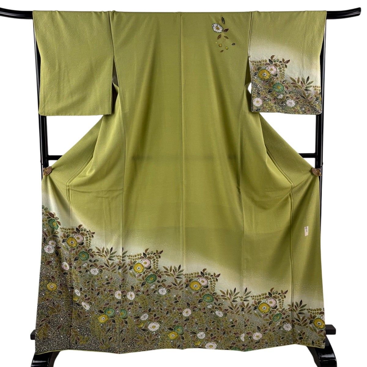 訪問着 身丈167.5cm 裄丈68cm L 袷 落款 辻が花 金彩 ぼかし 抹茶色 正絹 名品 【中古】