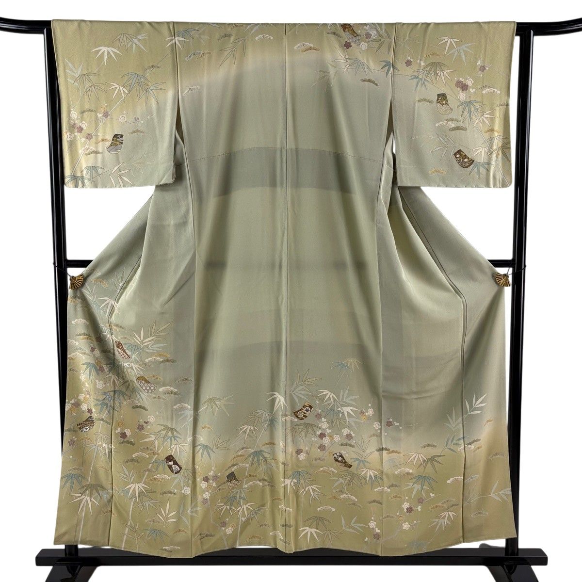 訪問着 身丈156.5cm 裄丈64.5cm M 袷 誰が袖 松竹梅 金糸 金彩 灰緑 正絹 名品 【中古】
