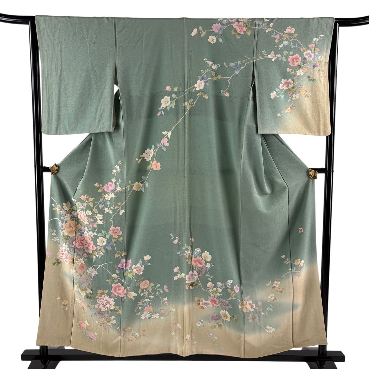 訪問着 身丈155cm 裄丈63.5cm S 袷 落款 草花 霞ぼかし 灰緑 正絹 名品 【中古】