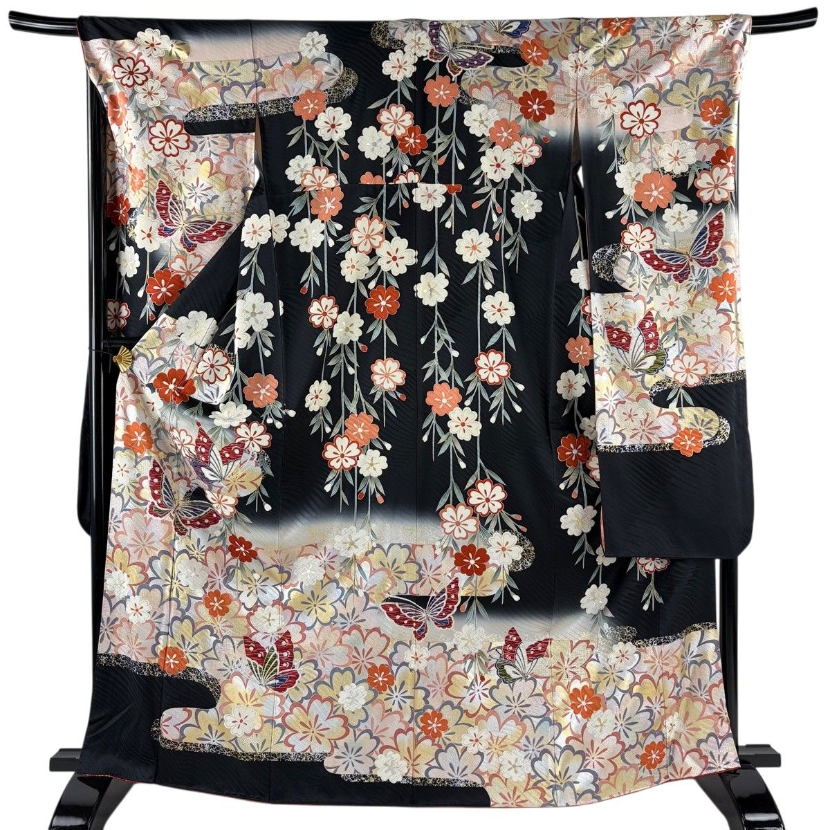 振袖 身丈166.5cm 裄丈68cm L 袷 枝垂れ桜 蝶 金銀彩 ぼかし 黒 正絹 名品 【中古】