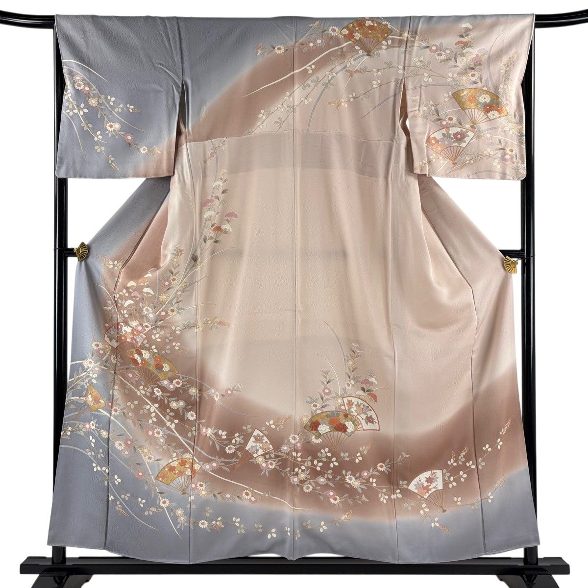 美品】 訪問着 身丈154cm 裄丈66cm M 袷 扇 草花 金糸 ぼかし ピンク