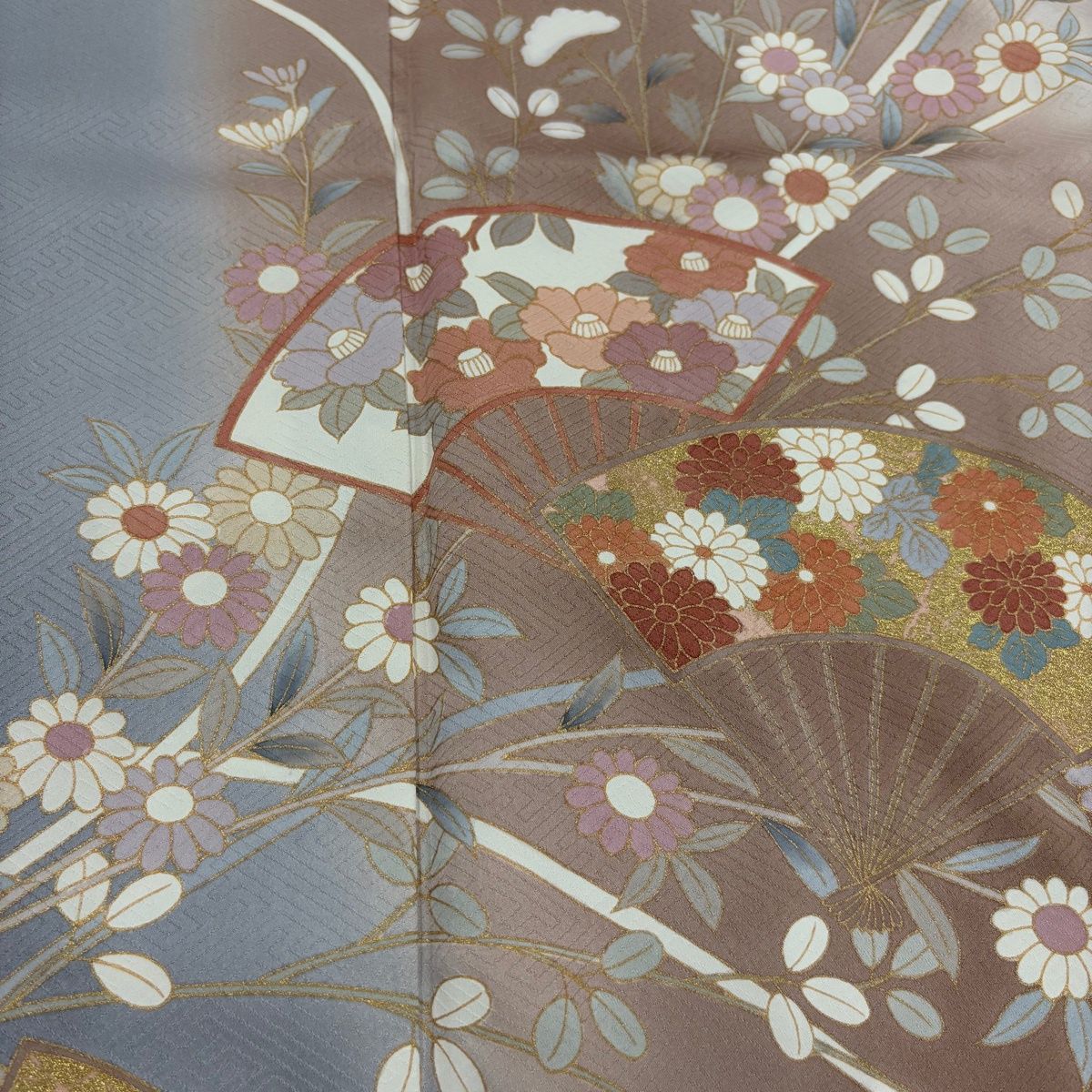 美品】 訪問着 身丈154cm 裄丈66cm M 袷 扇 草花 金糸 ぼかし ピンク