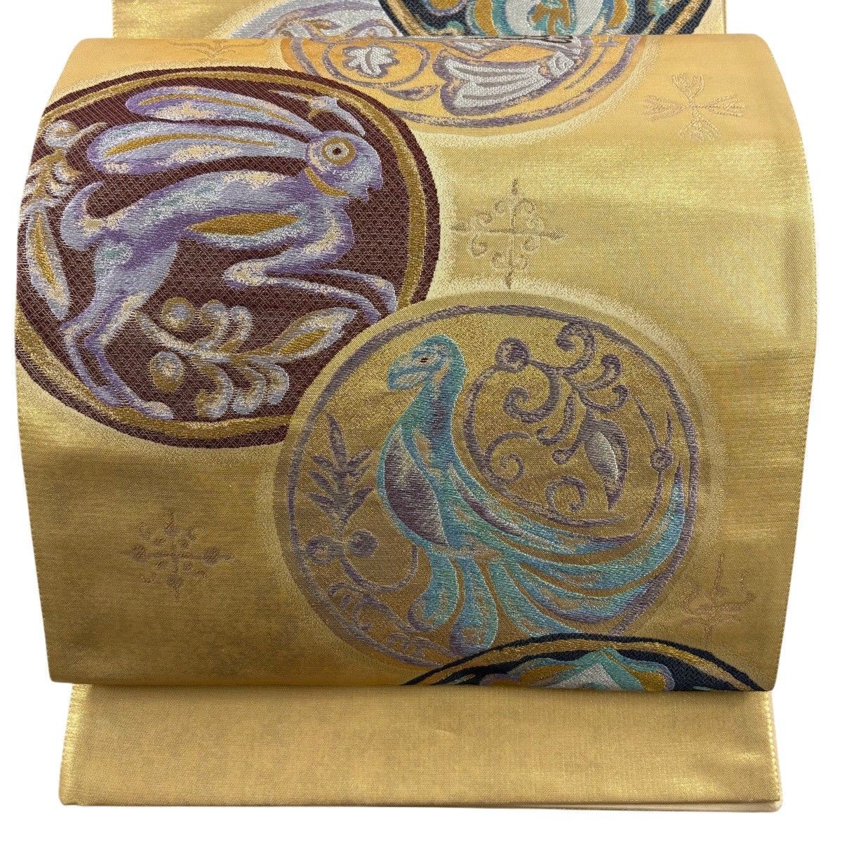 【美品】 袋帯 名品 落款 証紙 うさぎ 魚 金銀糸 箔 金色 六通 正絹 【中古】