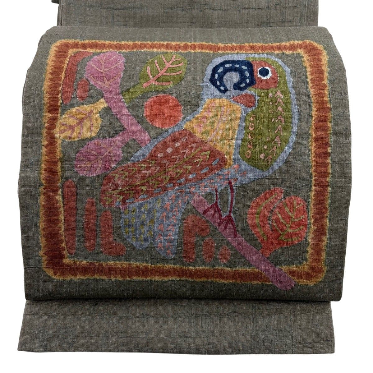 【美品】 袋帯 名品 紬地 鳥 枝葉 絞り 茶色 お太鼓柄 正絹 【中古】