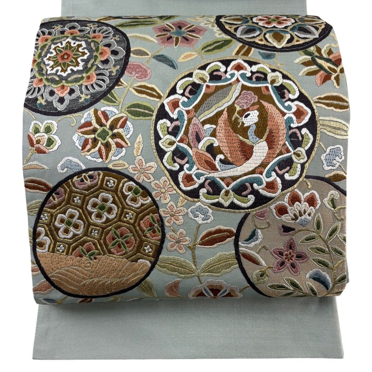 【美品】 袋帯 名品 華文 鳳凰 金糸 唐織 灰緑 お太鼓柄 正絹 【中古】