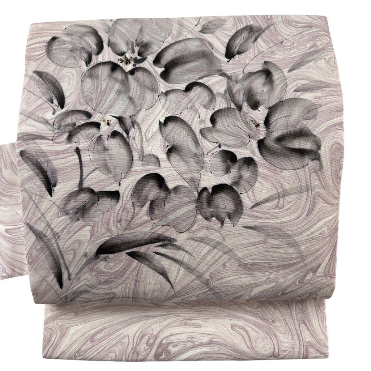 【美品】 名古屋帯 名品 落款 草花 墨流し 小豆色 正絹 【中古】