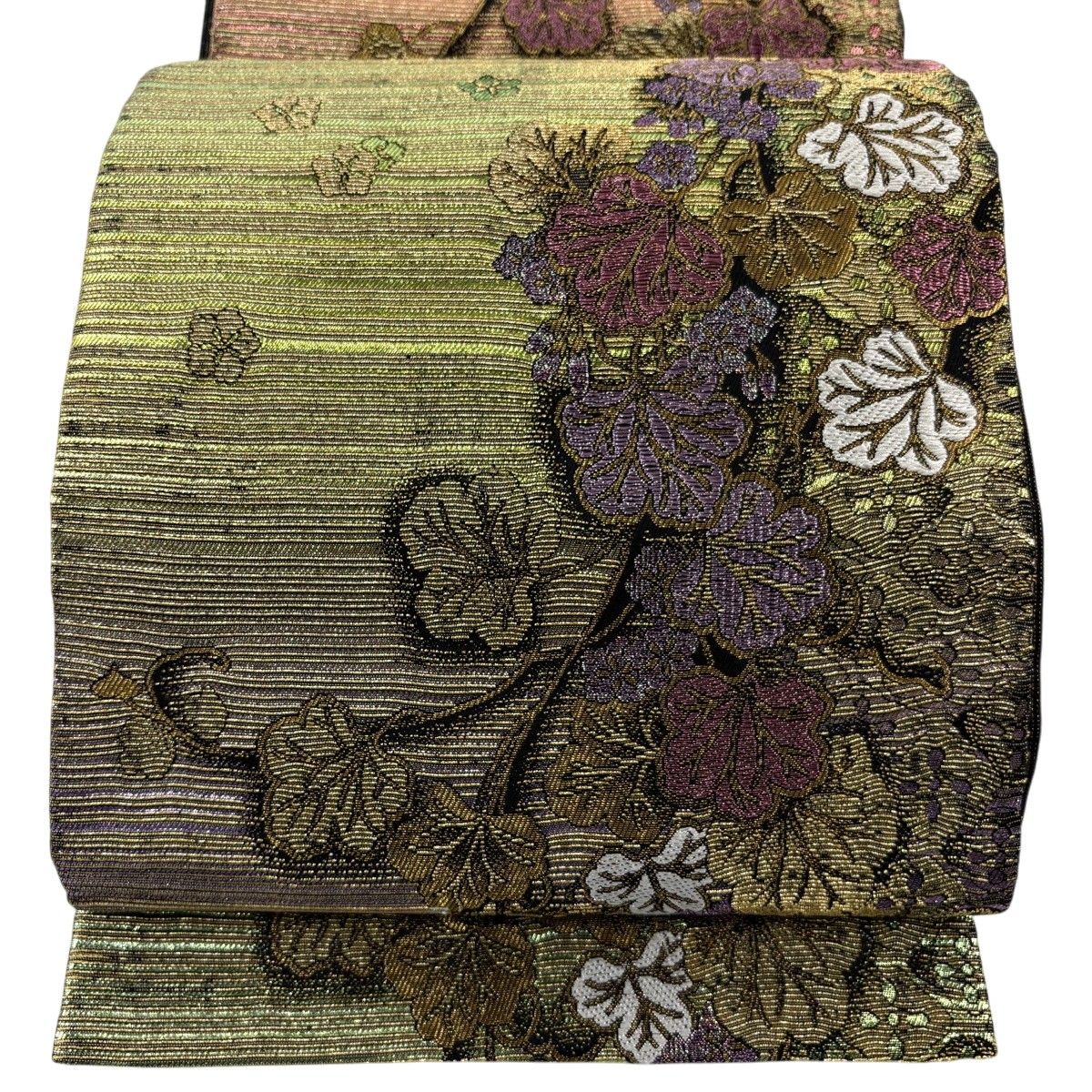 【美品】 袋帯 名品 草花 金糸 箔 灰緑 六通 正絹 【中古】