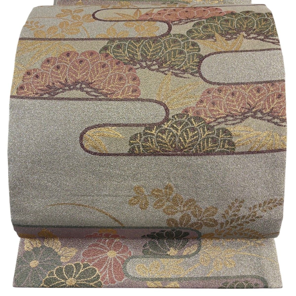 【美品】 袋帯 名品 霞 笠松 金糸 灰緑 六通 正絹 【中古】