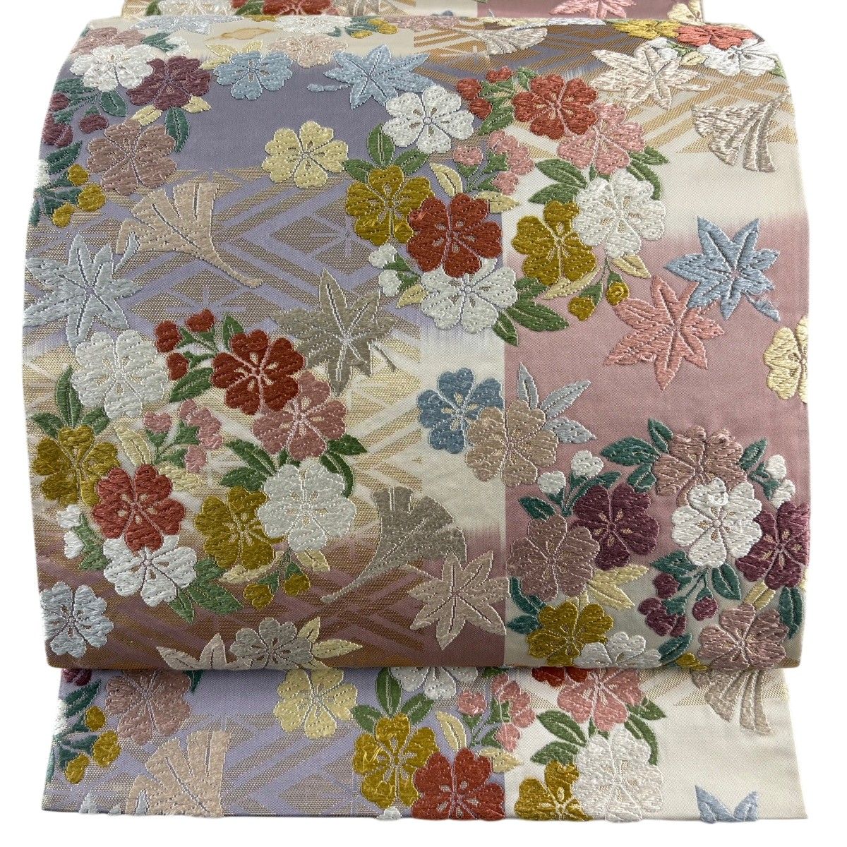 袋帯 名品 花丸文 桜 唐織 箔 ピンク 六通 正絹 【中古】
