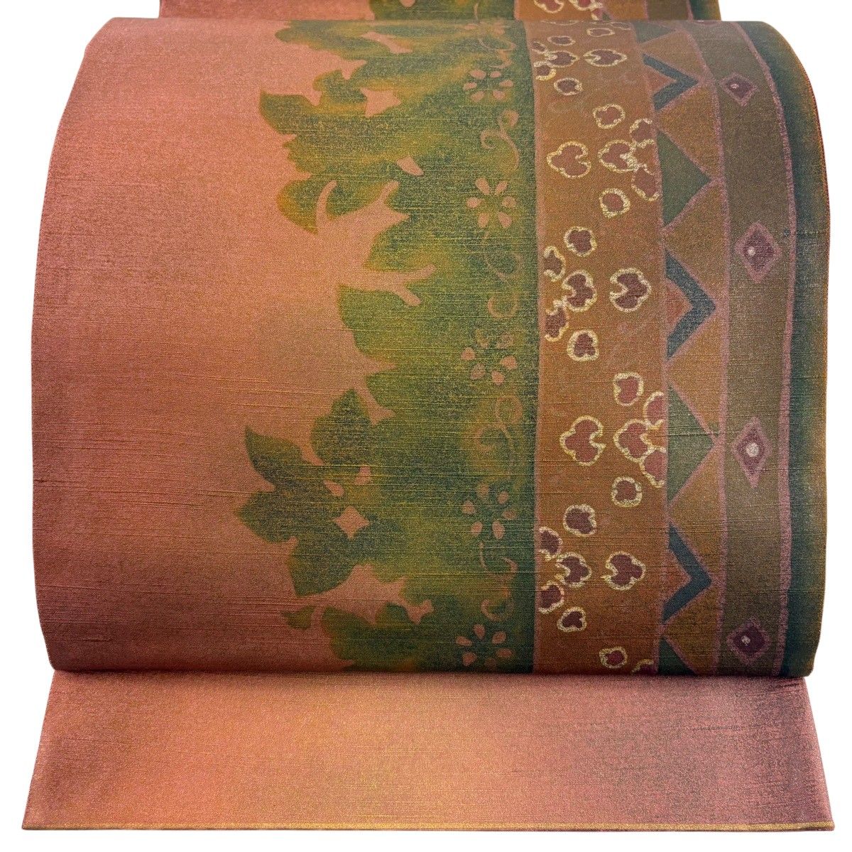 【美品】 袋帯 名品 紬地 葉柄 菱 金彩 赤茶 お太鼓柄 正絹 【中古】