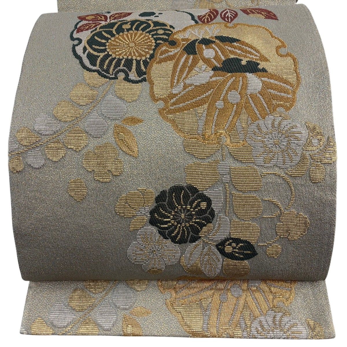 【美品】 袋帯 名品 落款 雪輪 草花 金糸 灰緑 六通 正絹 【中古】