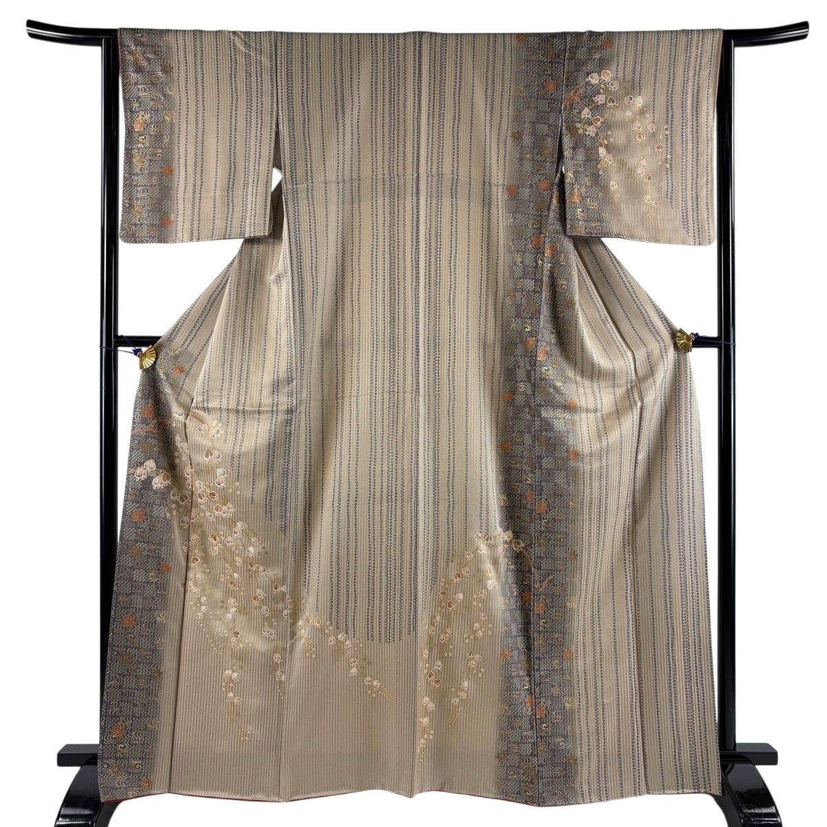 【美品】 訪問着 身丈165cm 裄丈64cm M 袷 葉柄 流水 金彩 薄茶色 正絹 秀品 【中古】