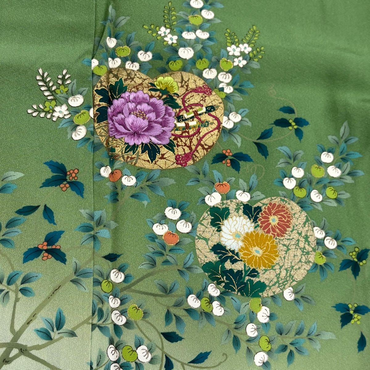 付下げ 身丈167.5cm 裄丈68cm L 袷 草花 蔓帯 刺繍 金彩 緑 正絹 秀品