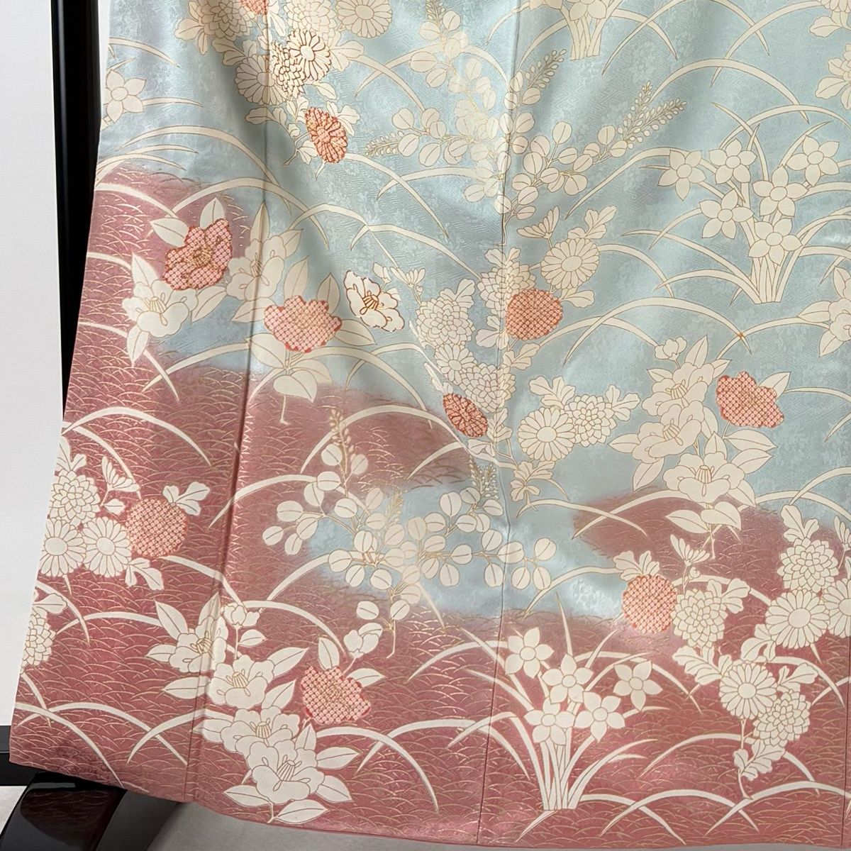 訪問着 身丈164.5cm 裄丈67.5cm L 袷 菊 椿 金糸 金彩 水色 正絹 秀品 
