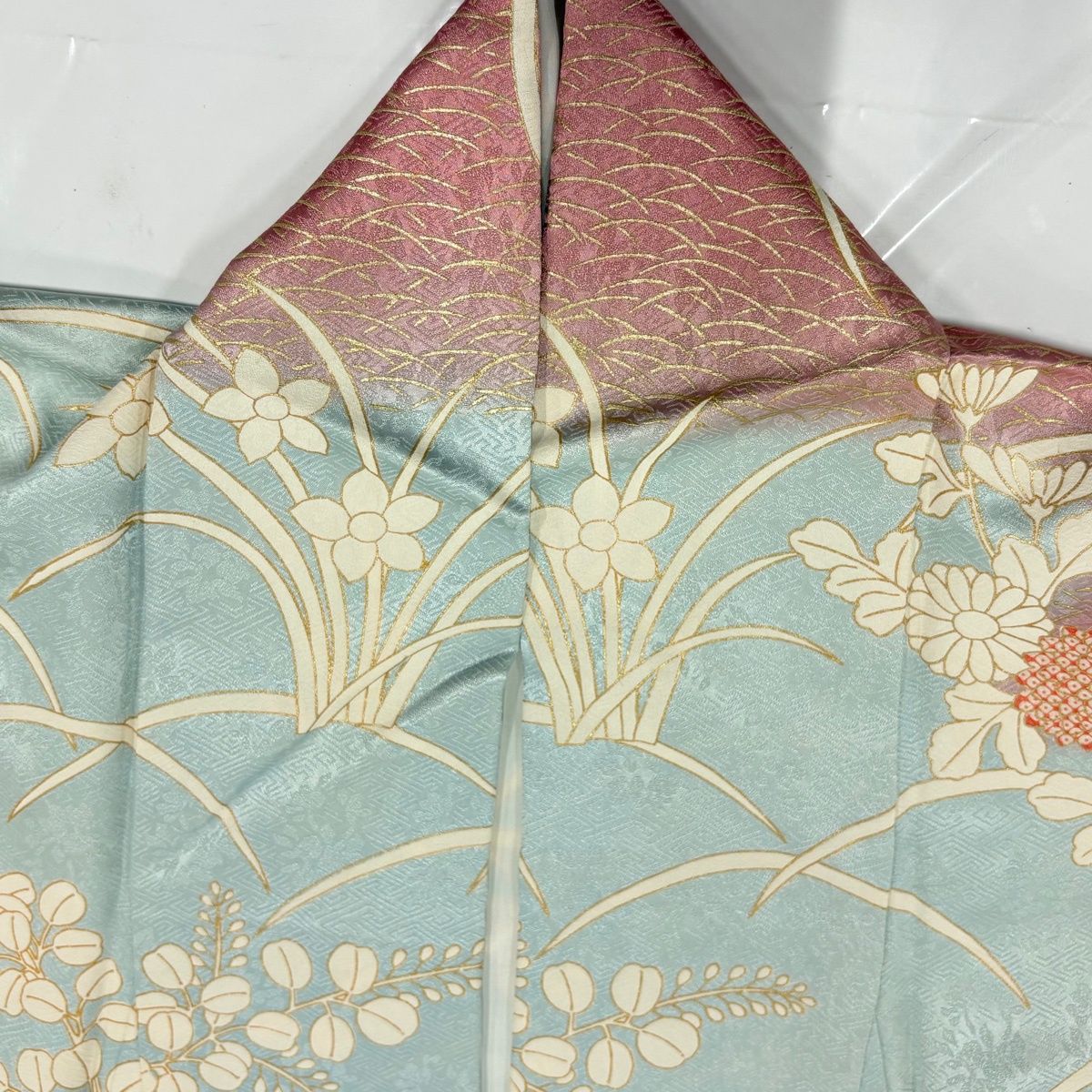 訪問着 身丈164.5cm 裄丈67.5cm L 袷 菊 椿 金糸 金彩 水色 正絹 秀品 