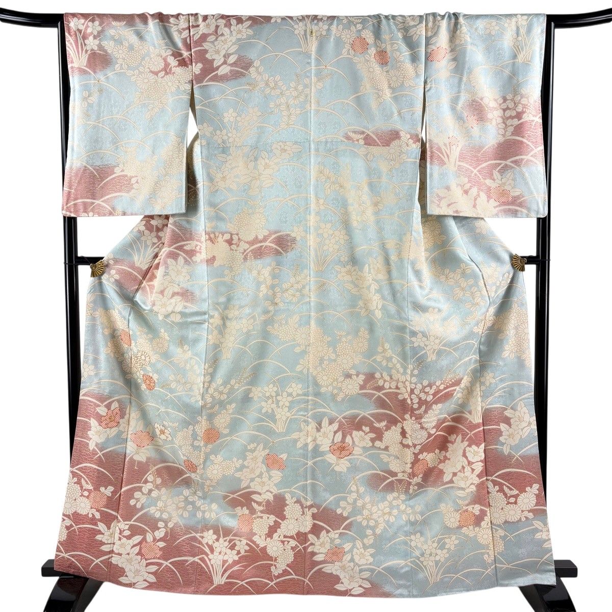 訪問着 身丈164.5cm 裄丈67.5cm L 袷 菊 椿 金糸 金彩 水色 正絹 秀品
