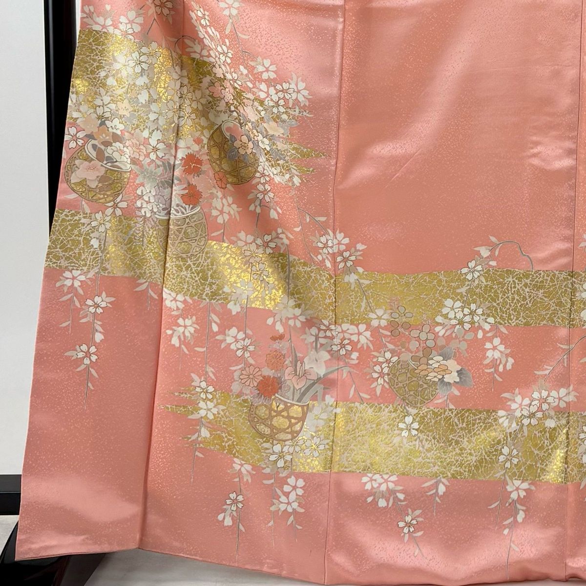訪問着 身丈169cm 裄丈68.5cm L 袷 花籠 桜 金糸 金銀彩 ピンク 正絹
