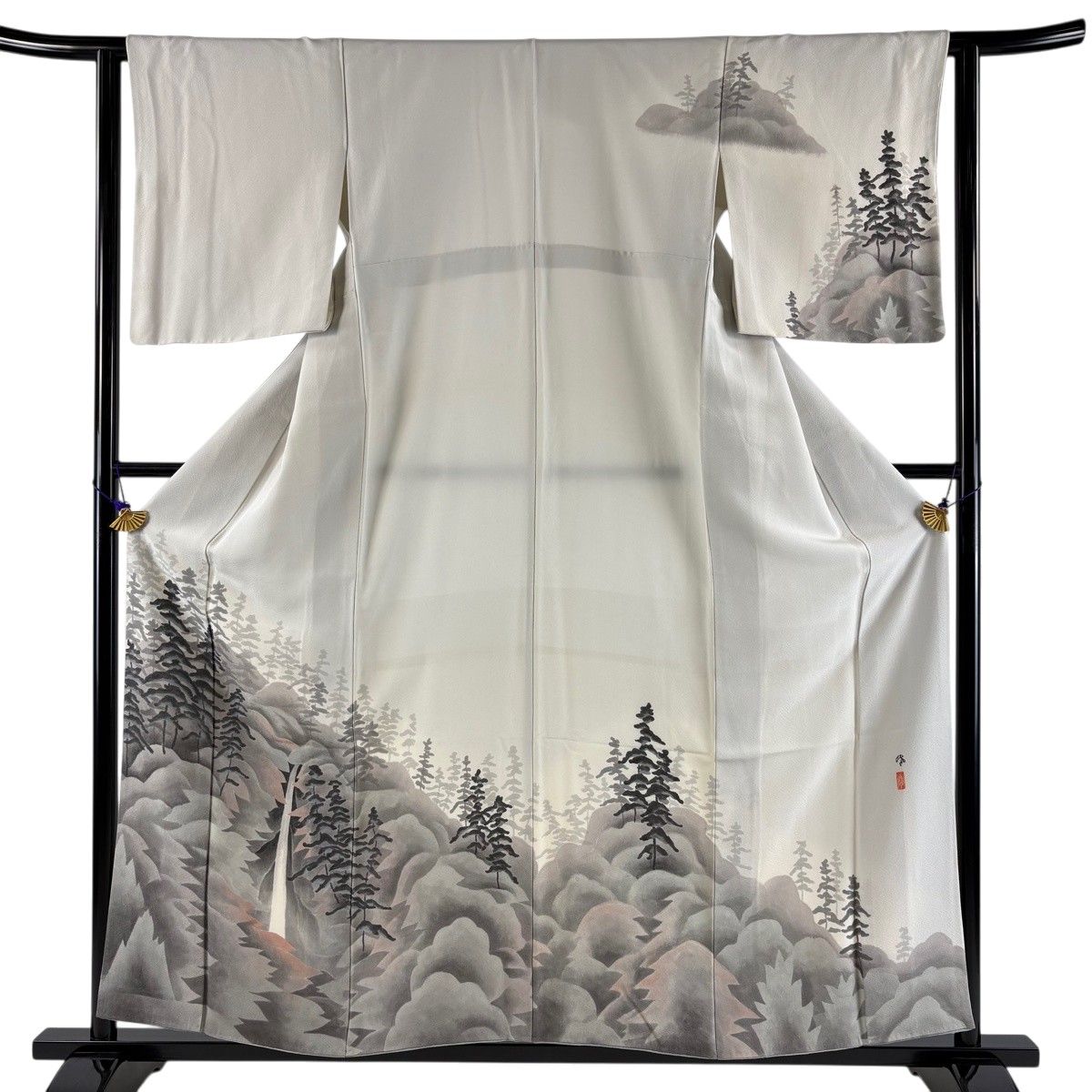 【美品】 訪問着 身丈158.5cm 裄丈62cm S 袷 落款 滝 風景 ぼかし 灰白 正絹 秀品 【中古】