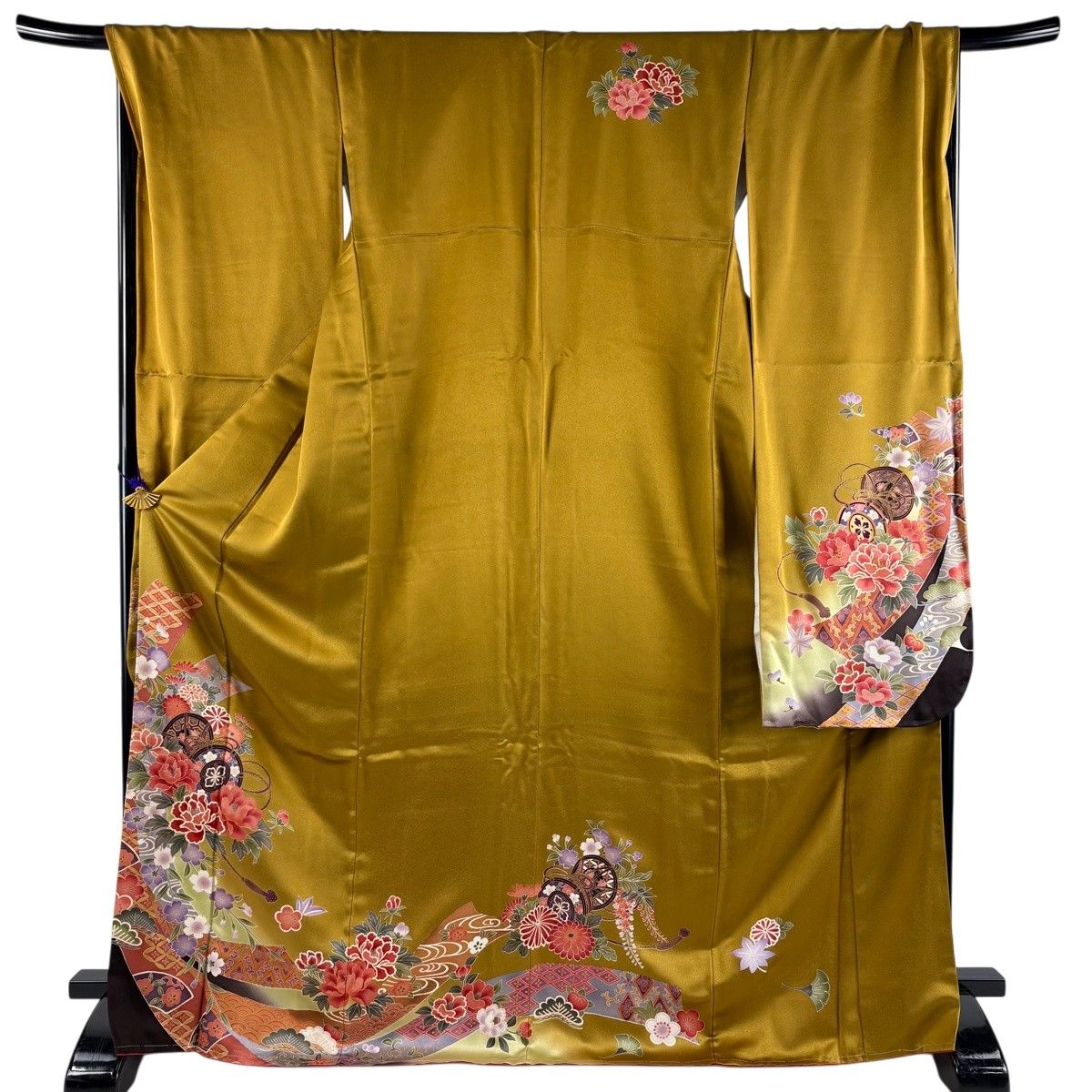 正絹　振袖　単品　黄土色系　リユース 美品】 振袖 身丈172.5cm 裄丈70cm L 袷 鼓 草花 染め分け ぼかし 黄土