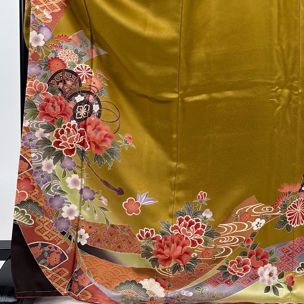 美品】 振袖 身丈172.5cm 裄丈70cm L 袷 鼓 草花 染め分け ぼかし 黄土