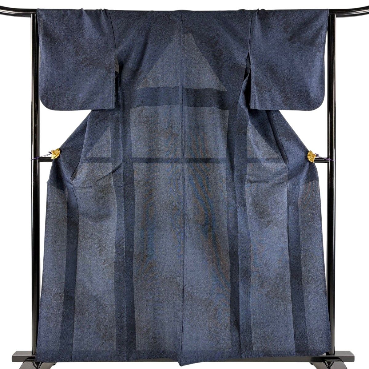【美品】 お召 身丈159cm 裄丈66cm M 単衣 草花 紺色 正絹 秀品 【中古】