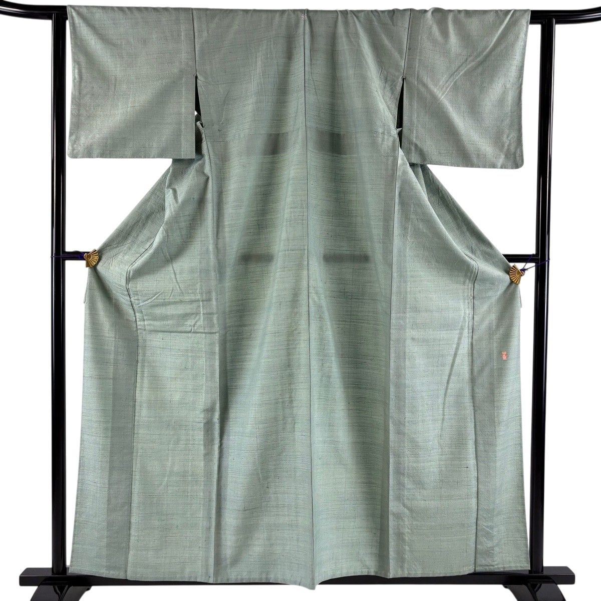 紬 身丈157cm 裄丈62.5cm S 単衣 落款 薄緑 正絹 秀品 一つ紋 【中古】