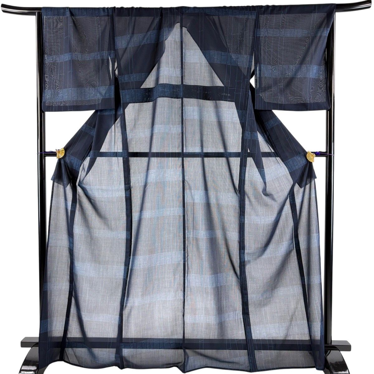紬 身丈170cm 裄丈67cm M 薄物 夏紬 竹 縞 濃紺 正絹 秀品 【中古】