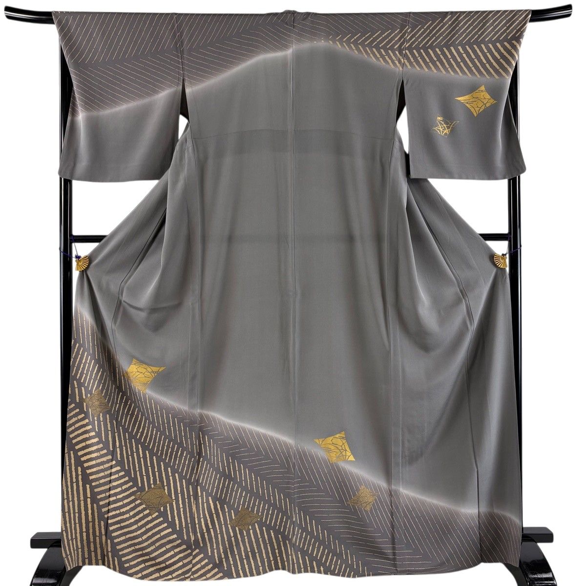 訪問着 身丈168cm 裄丈70.5cm L 単衣 菱 幾何学 金彩 ぼかし 灰色 正絹 秀品 【中古】