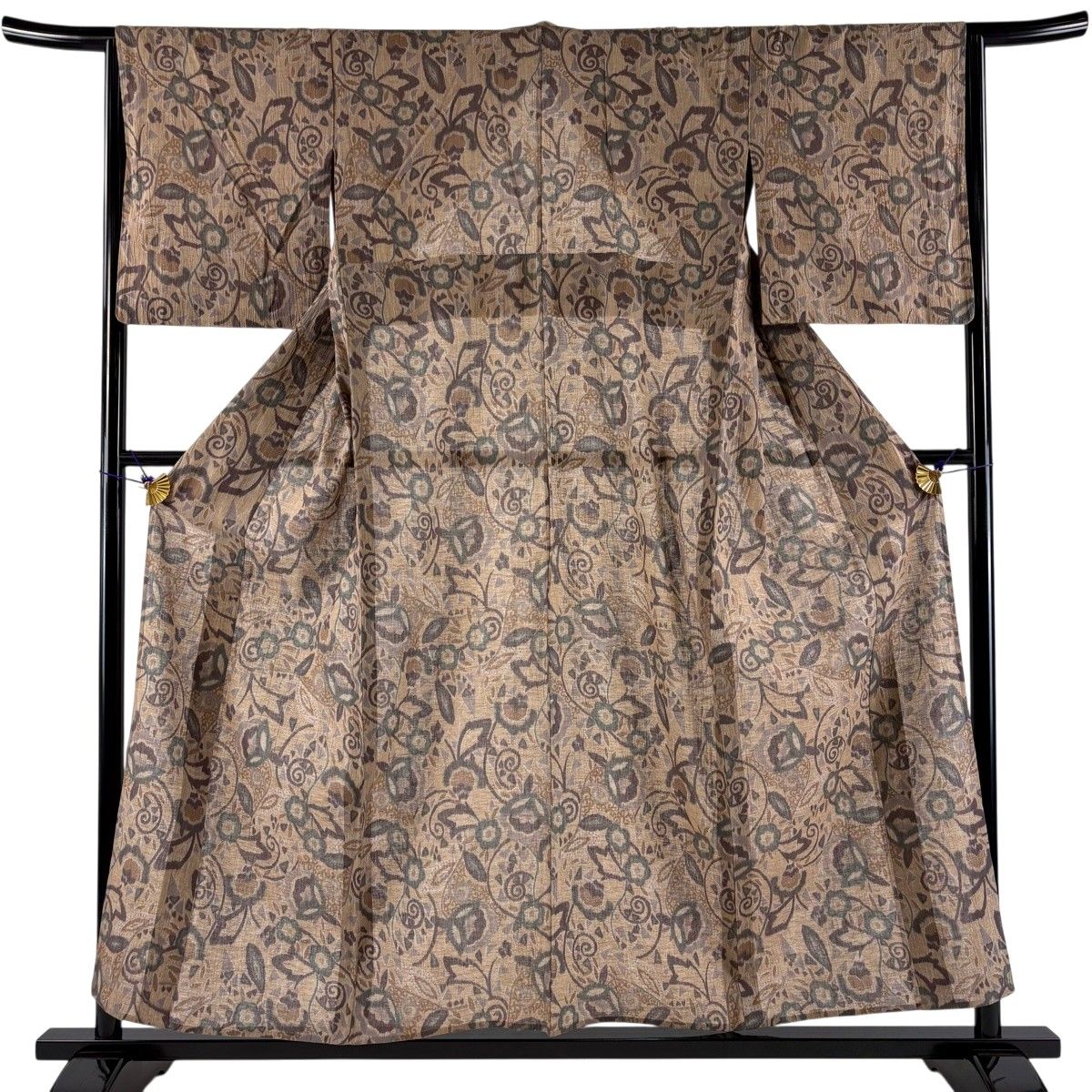 【美品】 小紋 身丈155cm 裄丈65cm M 単衣 紬地 草花 茶色 正絹 秀品 【中古】