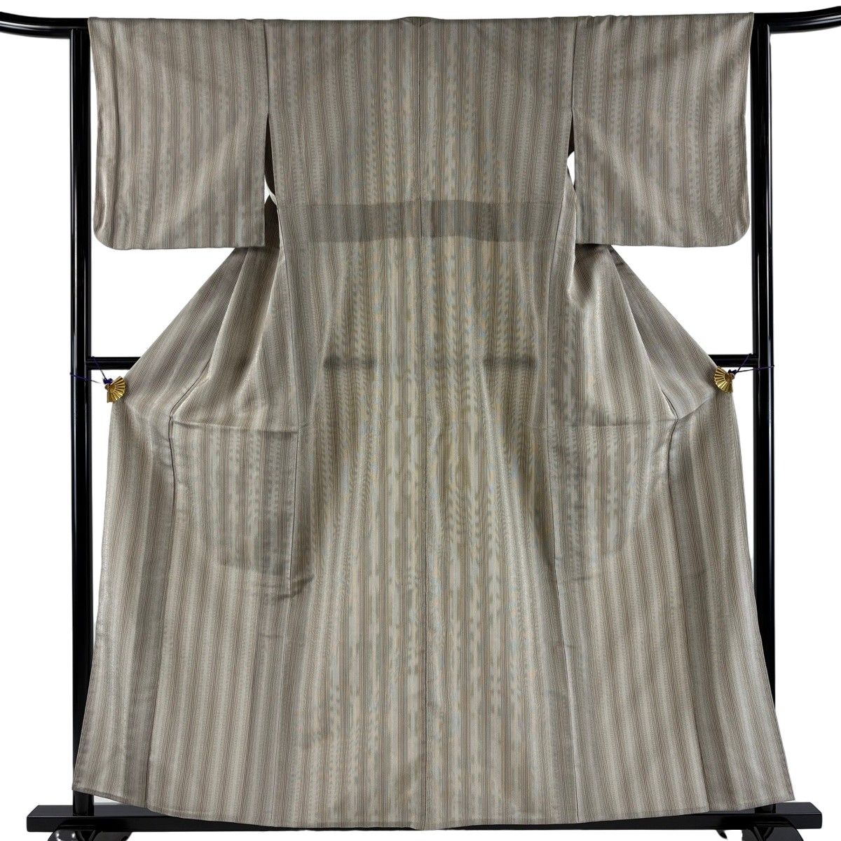 【美品】 紬 身丈158cm 裄丈63cm S 単衣 縦縞 灰茶 正絹 秀品 【中古】