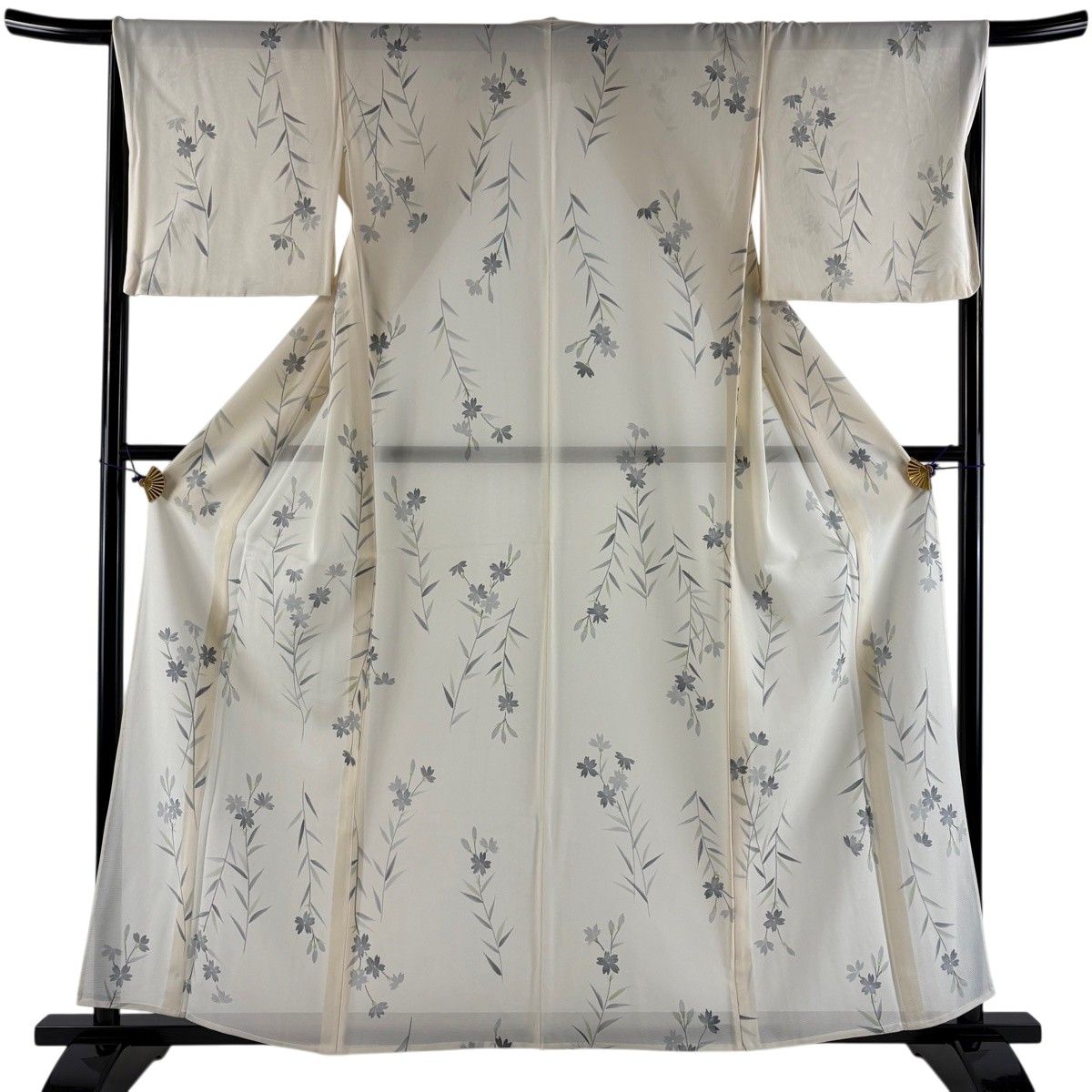 小紋 身丈158.5cm 裄丈66.5cm M 薄物 絽 草花 クリーム 正絹 秀品 【中古】