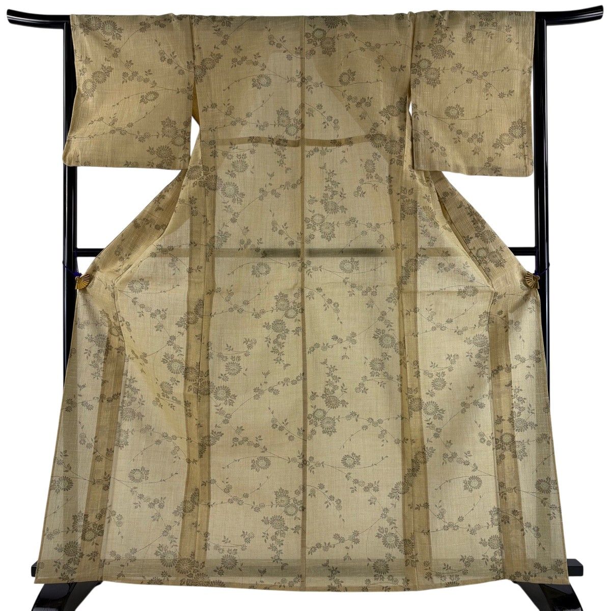 【美品】 小紋 身丈166cm 裄丈65cm M 単衣 紬地 菊 草花 薄茶色 正絹 秀品 【中古】