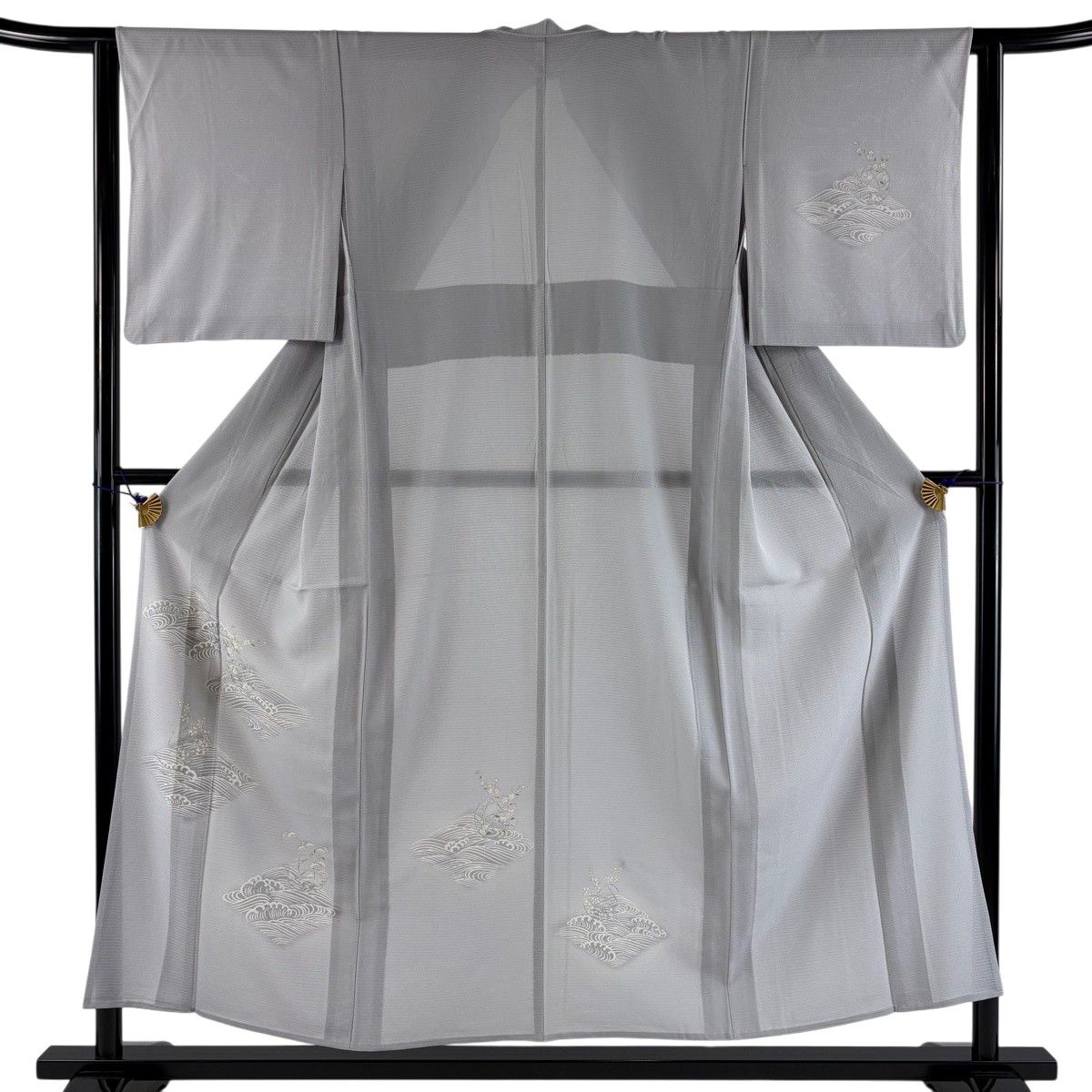 付下げ 身丈152cm 裄丈62cm S 薄物 絽 草花 波頭 金彩 灰紫 正絹 秀品 【中古】