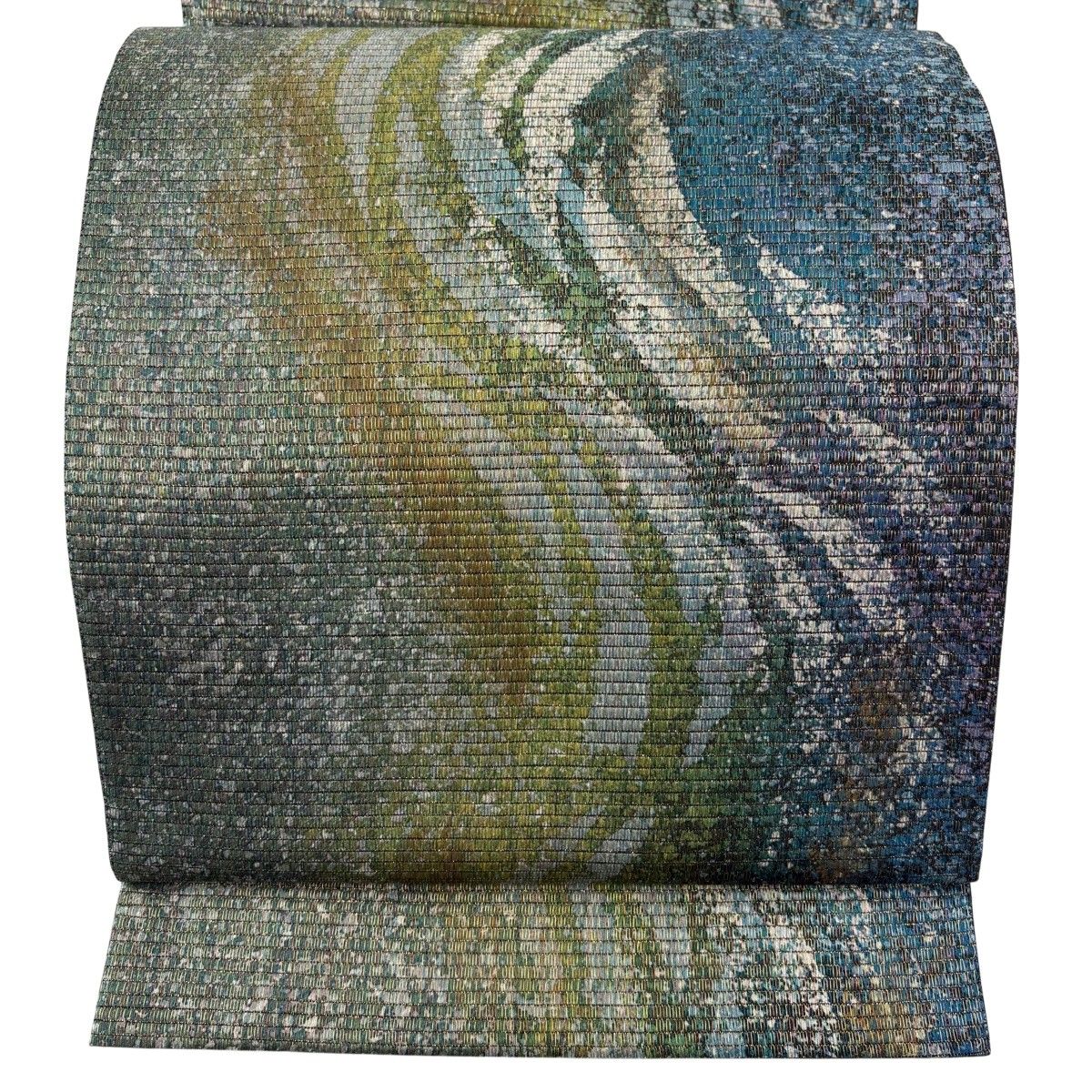 【美品】 袋帯 秀品 幾何学模様 金通し ラメ糸 青緑 お太鼓柄 正絹 【中古】