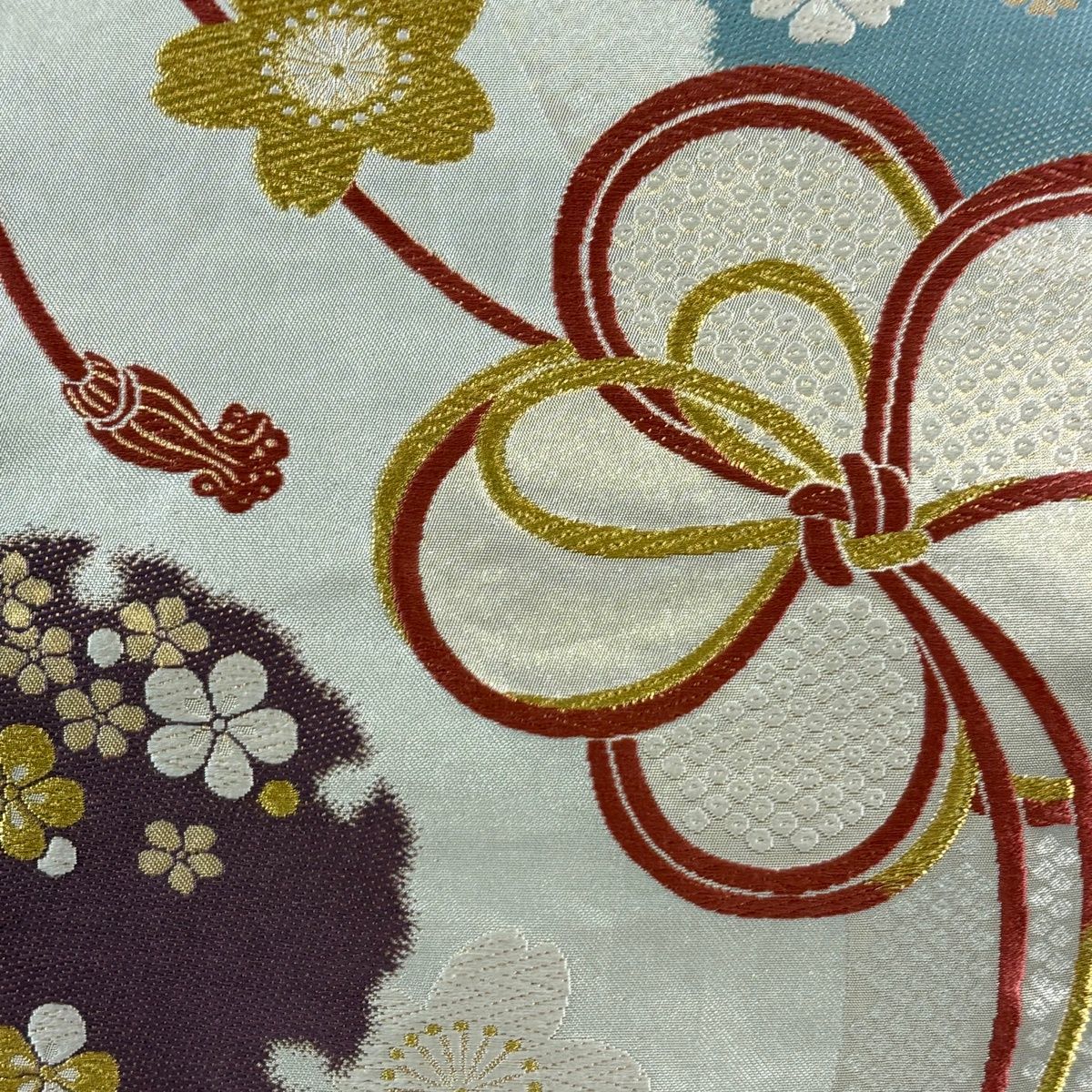 美品】 袋帯 秀品 粋舞袖 振袖向き 梅 桜 金糸 箔 白 六通 正絹 【中古 