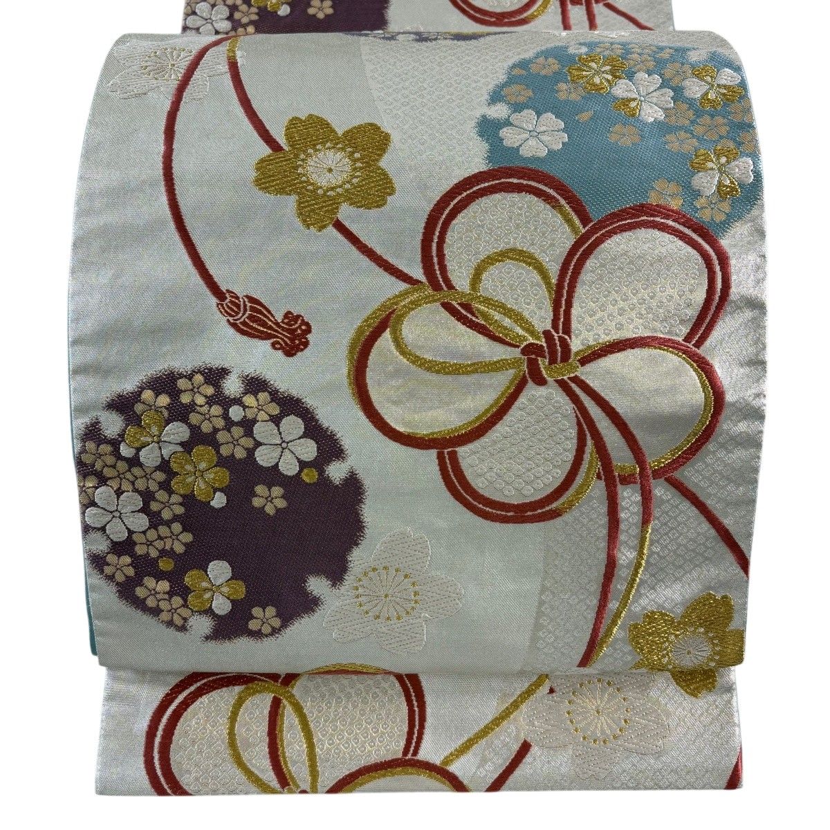 袋帯 美品 秀品 桜 扇 唐織 箔 よもぎ色 六通 正絹 【中古】 秀